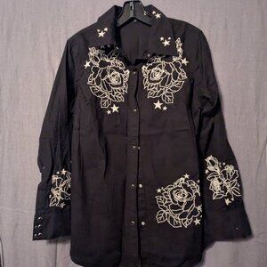 Marvel Cowboy Under the Stars/Roses Black Snap Button Shirt, 100% Cotton, Size L